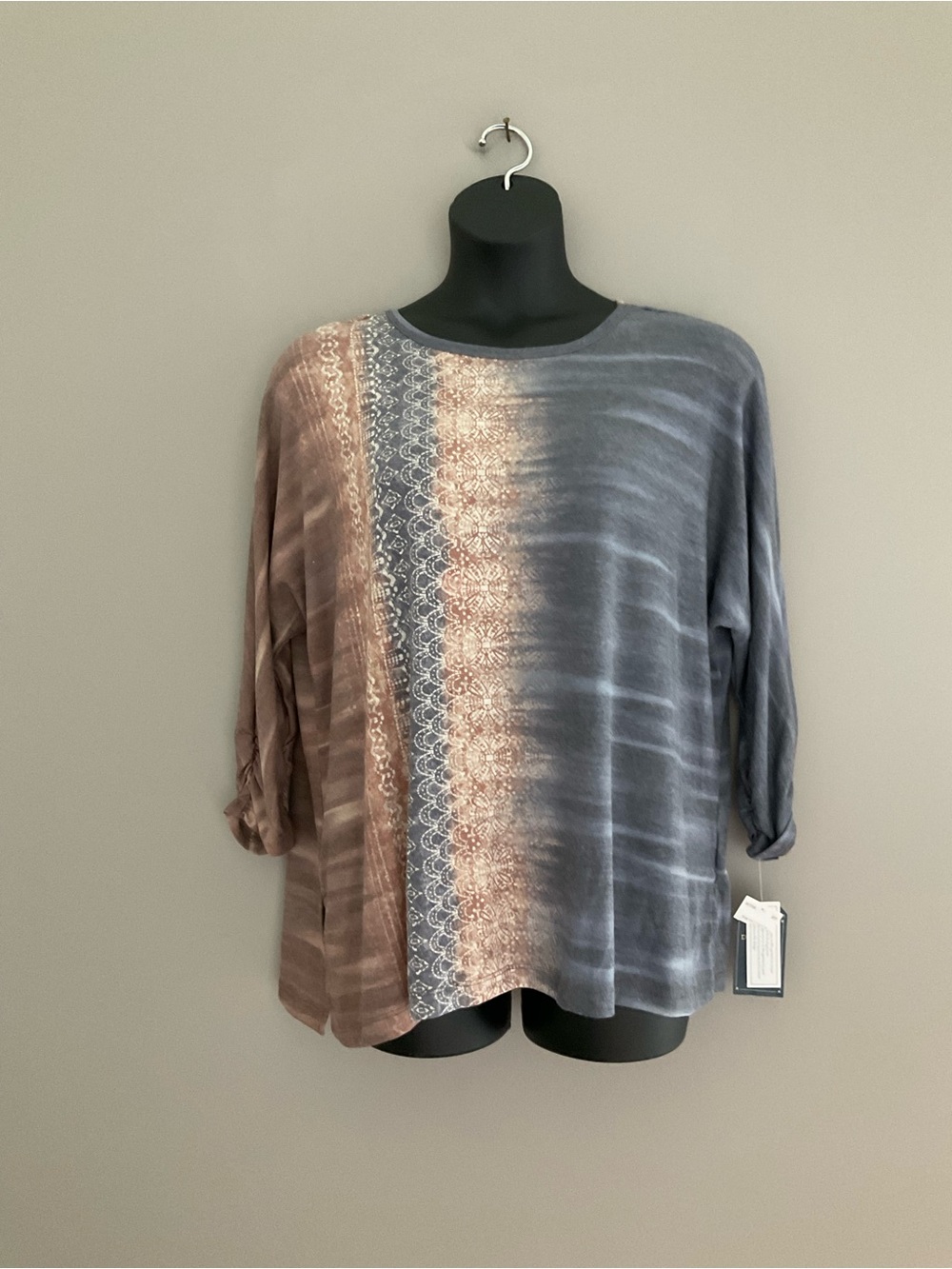Democracy, NWT, Relaxed, Tie-Dye, Lace Panel, Women’s, Brown & Gray, Top